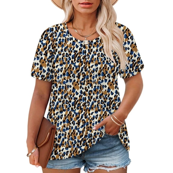Plus Size Business Casual Tops for Women Cute Short Sleeve Shirts Chic Crew Neck Blouses Summer Trendy Leopard Print Tees 5XL