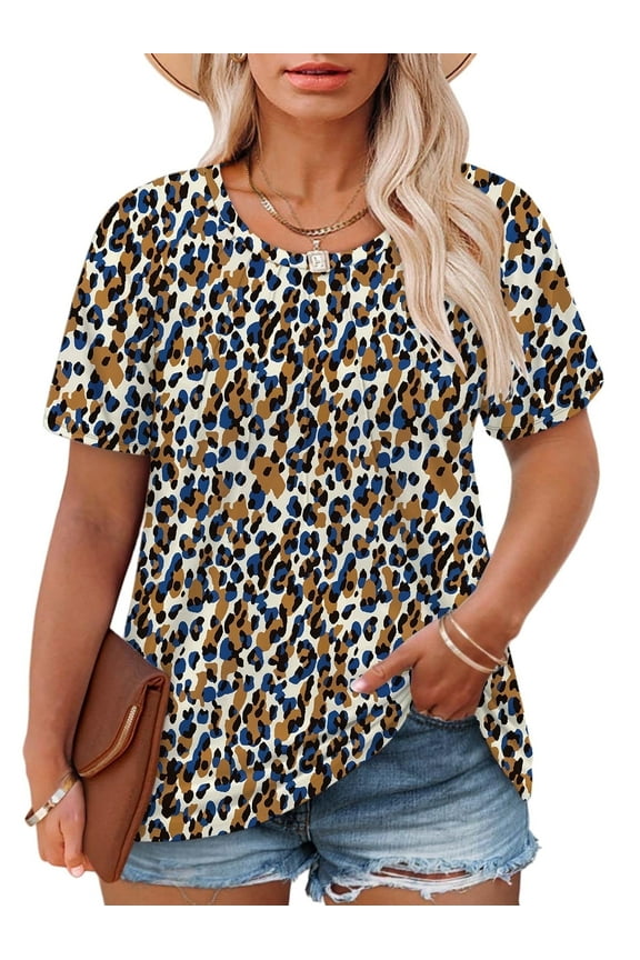 Plus Size Business Casual Tops for Women Cute Short Sleeve Shirts Chic Crew Neck Blouses Summer Trendy Leopard Print Tees 5XL