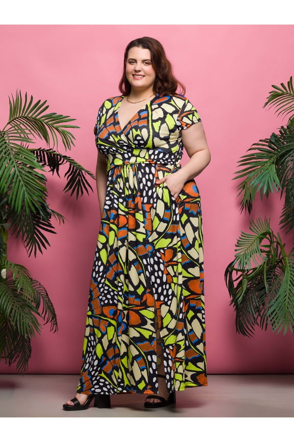 Plus Size Butterfly V Neck Side Slit Pocket Maxi Dress