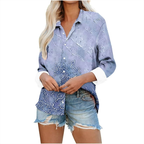 Plus Size Button Down Shirts Long Sleeve Floral Graphic Printed Lapel Collared Blouses for Women Dressy Casual (M, Blue 02)