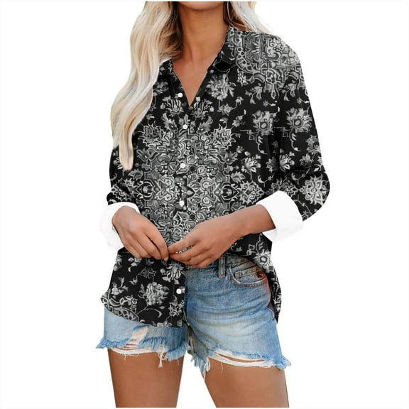 Plus Size Button Down Shirts Long Sleeve Floral Graphic Printed Lapel Collared Blouses for Women Dressy Casual (S, Black)