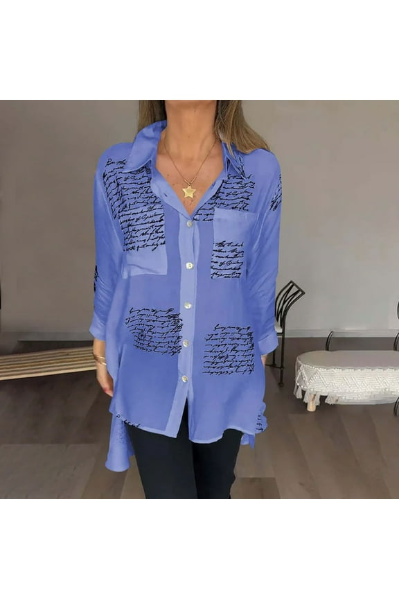 Plus Size Button Down Shirts Women Letter Print Long Sleeve Casual Asymmetrical High Low Hem Dressy Top Blouses (5X-Large, Blue)