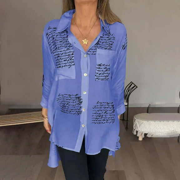 Plus Size Button Down Shirts Women Letter Print Long Sleeve Casual Asymmetrical High Low Hem Dressy Top Blouses (XX-Large, Blue)