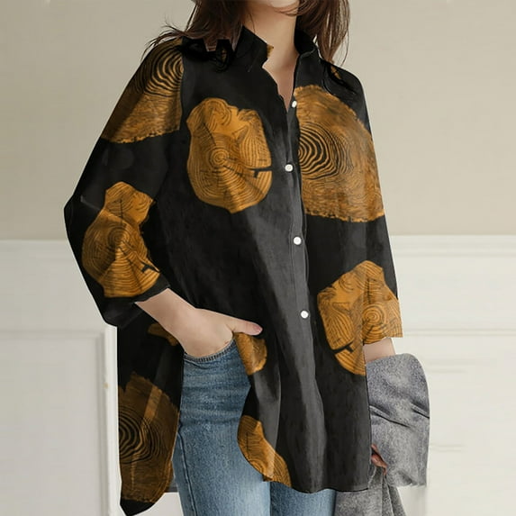 Plus Size Button Down Shirts for Women Casual Long Sleeve Collared Shirts Geometric Print Loose Blouses Spring Fall (Medium, Yellow 01)