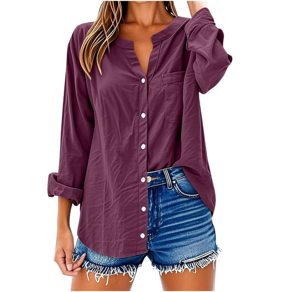 Plus Size Button Down Shirts for Women V-Neck Long Sleeve Loose Linen Tunic Summer Blouse with Pockets