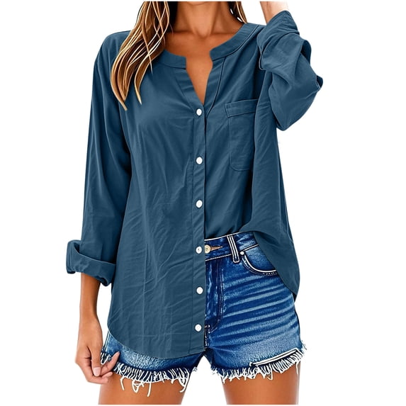 Plus Size Button Down Shirts for Women V-Neck Long Sleeve Loose Linen Tunic Summer Blouse with Pockets