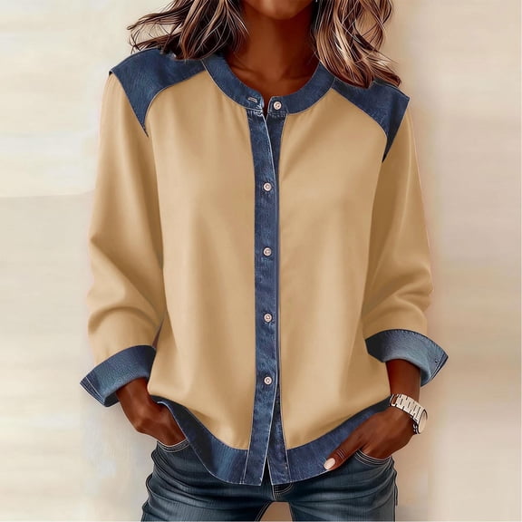 Plus Size Button Down Shirts for Women Women's Solid Color Casual Long Sleeved Round Neck Denim Patchwork Button Up Cardigan Jacket Tops