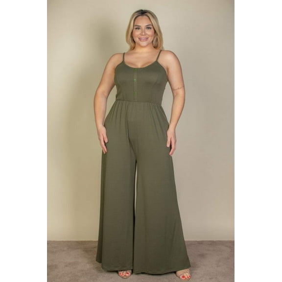Plus Size Button Front Wide Leg Jumpsuit