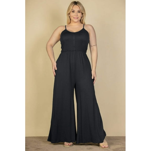 Plus Size Button Front Wide Leg Jumpsuit