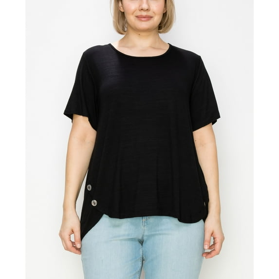 Plus Size Button Panel Short Sleeve Top Black 3X