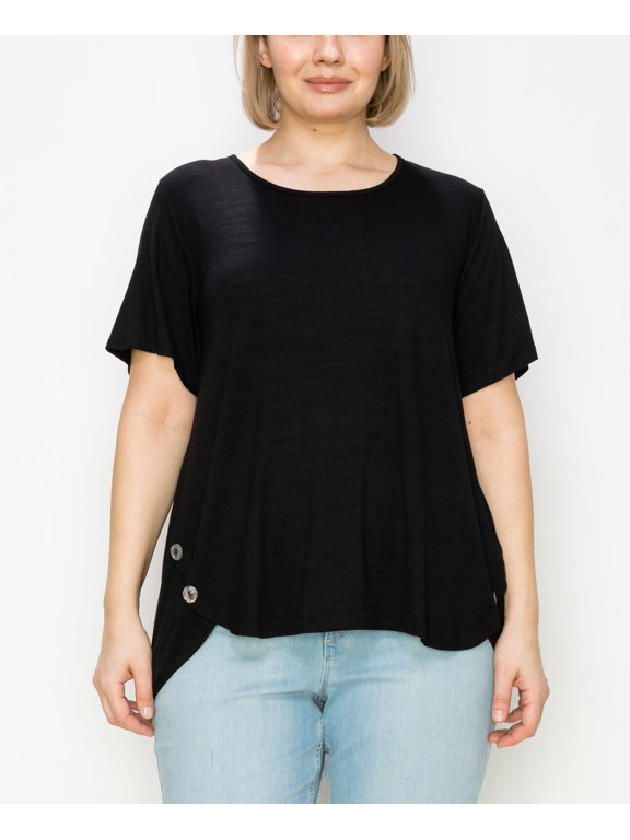 Plus Size Button Panel Short Sleeve Top Black 3X