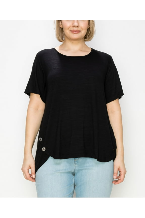 Plus Size Button Panel Short Sleeve Top Black 3X
