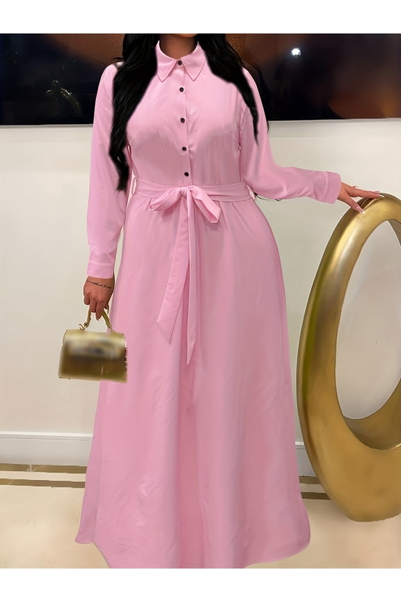 Plus Size Button Up Collared Dress, Casual Long Sleeve Belted Maxi Dress For Spring & Fall, Women's Plus Size Clothing