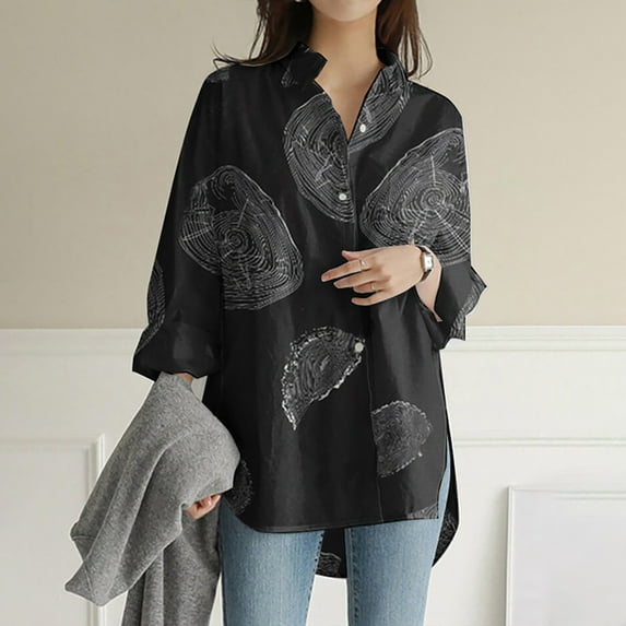 Plus Size Button Up Shirts Womens Casual Long Sleeve Collared Shirts Geometric Print Loose Blouses Spring Fall (Medium, Black)