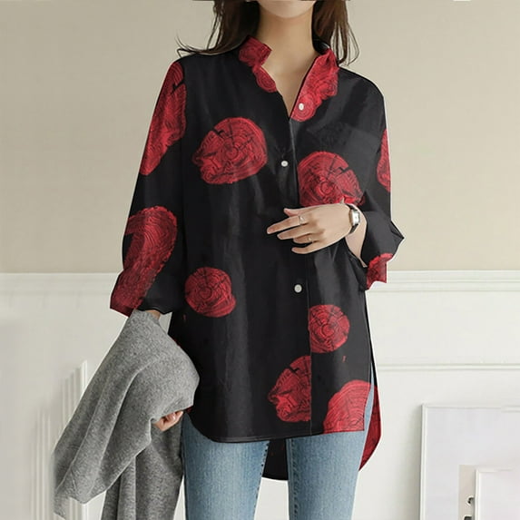 Plus Size Button Up Shirts Womens Casual Long Sleeve Collared Shirts Geometric Print Loose Blouses Spring Fall (Medium, Red)
