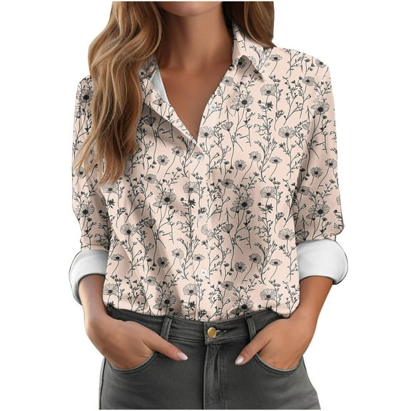 Plus Size Button Up Shirts Womens Graphic Printed Lapel Collar Dressy Casual Blouses Long Sleeve Work Office Tops (2XL, Khaki)