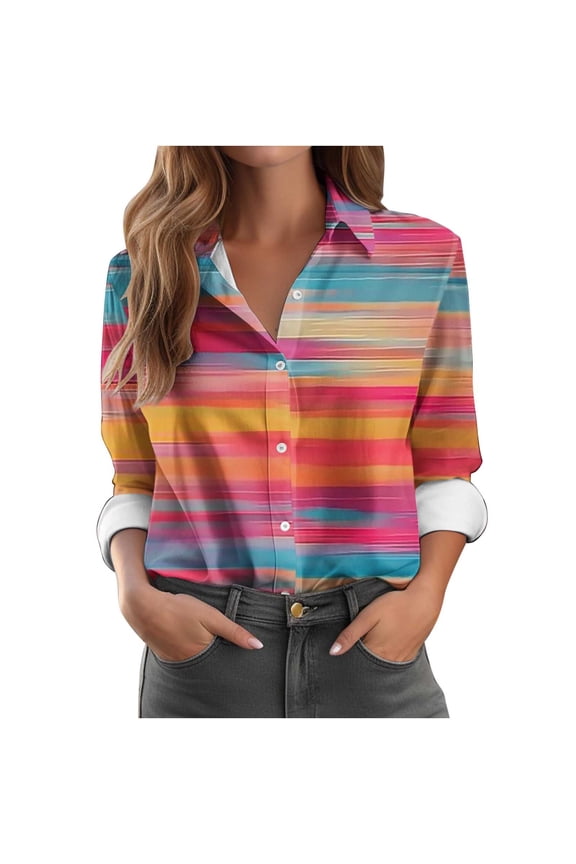 Plus Size Button Up Shirts Womens Graphic Printed Lapel Collar Dressy Casual Blouses Long Sleeve Work Office Tops (4XL, Multicolor)