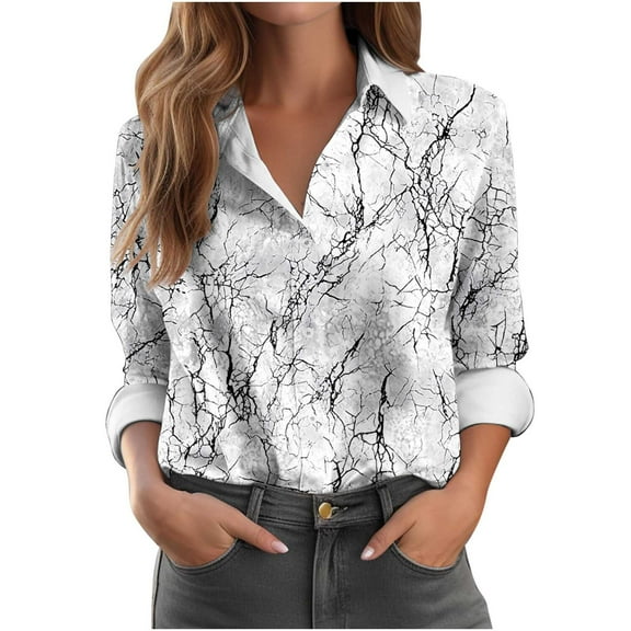 Plus Size Button Up Shirts Womens Graphic Printed Lapel Collar Dressy Casual Blouses Long Sleeve Work Office Tops (4XL, White 01)