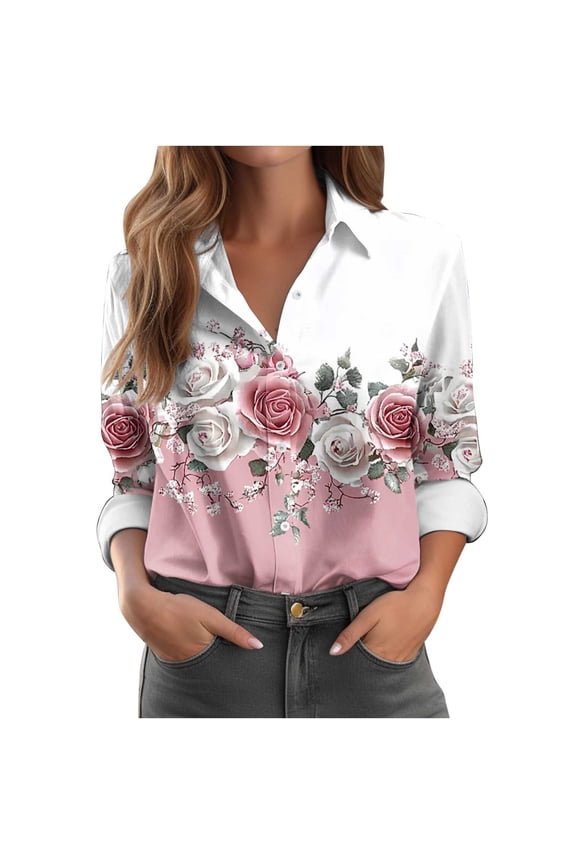Plus Size Button Up Shirts Womens Graphic Printed Lapel Collar Dressy Casual Blouses Long Sleeve Work Office Tops (XL, Pink)