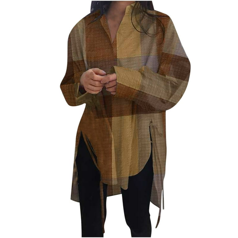 Plus Size Button Up Shirts for Women Trendy Full Sleeve High Low Hem Slit Loose Long Tops to Wear with Leggings X Large Yellow Walmart