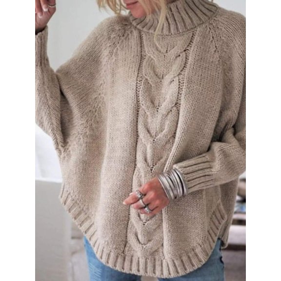 Plus Size Cable-Knit Long Sleeve Sweater – Full Size Ribbed Cozy Winter Knit