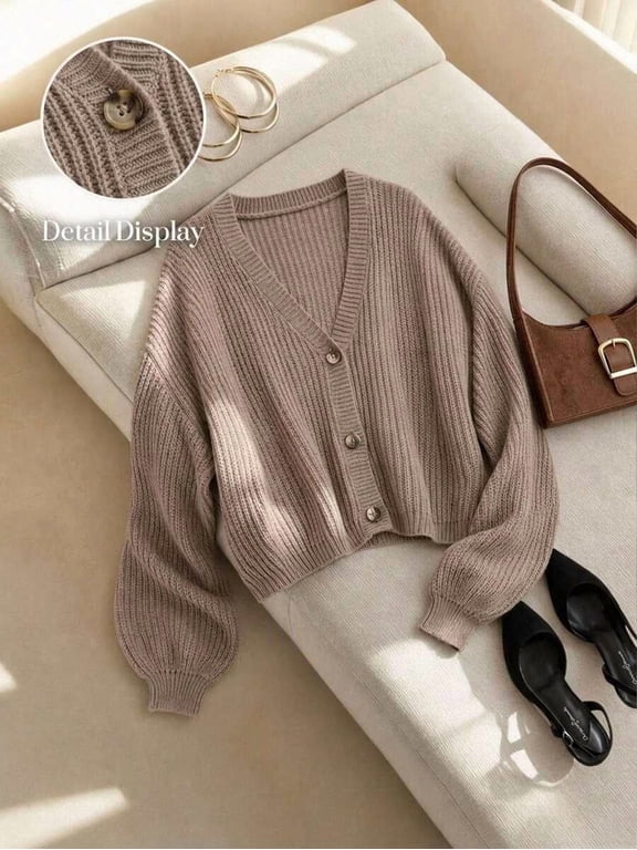 Plus Size Camel V-Neck Knit Cardigan, Dropped Shoulder Lantern Sleeve
