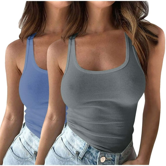 Plus Size Camisoles for Women 2pack Women's Round Neck Ribbed Tank Tops Workout Sleeveless Summer Casual Slim Fitted Cami Shirt Solid Color Sleeveless Tee Dressy Tank Tops for Lady Gray S