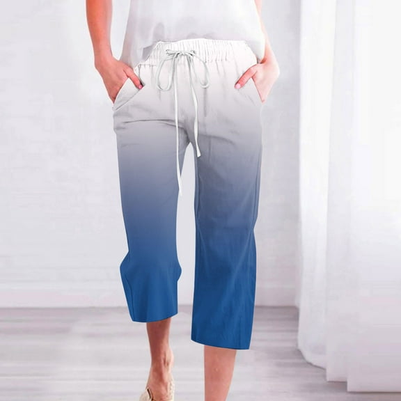 Fragrant Linen Gradient Printed Loose Women Fashionable Drawstring Pants Cropped Pants