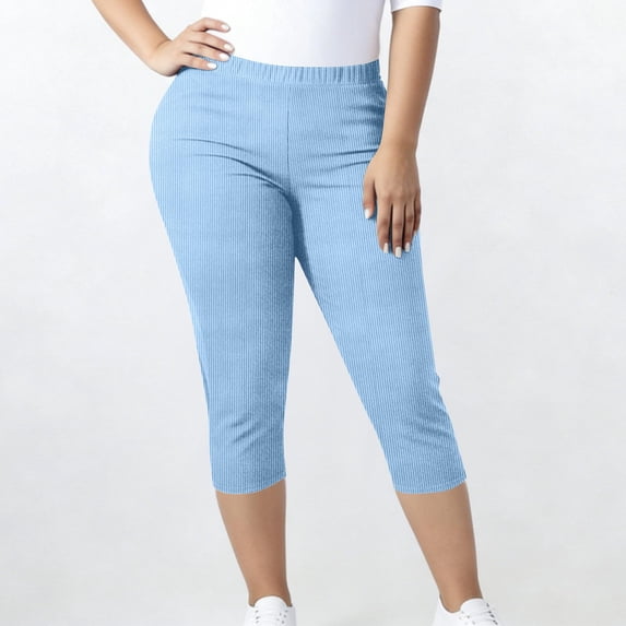Plus Size Capri Leggings for Women Slim Fitted Yoga Pants Tummy Control Workout Ribbed Cropped Slacks Light Blue 5XL
