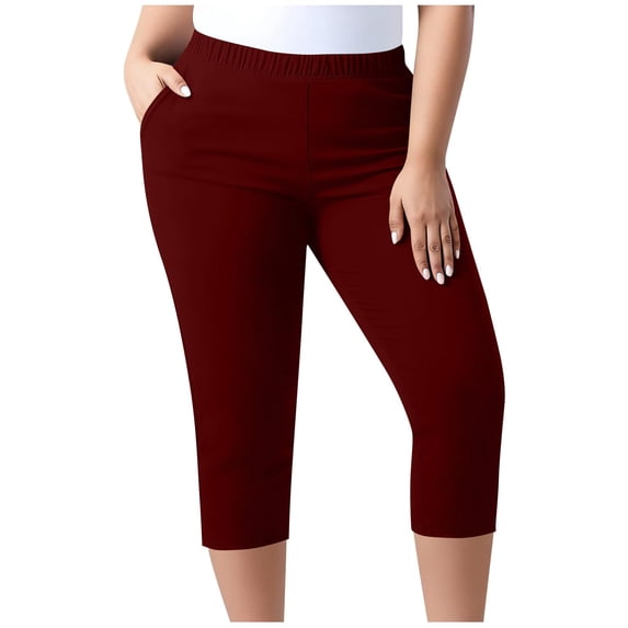 Plus Size Capri Leggings for Women Slim Fitted Yoga Pants Tummy Control Workout Solid Cropped Slacks Wine 4XL