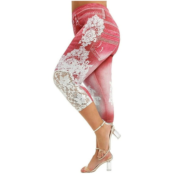 Plus Size Capri Leggings for Women Stretch Skinny Jeggings Floral Lace Splicing High Waist Cropped Leggings with Pockets