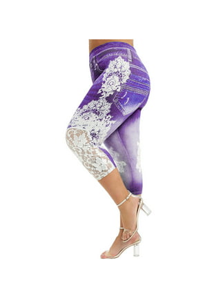 JustVH Women Plus Size Stretch High Waist Jeggings Floral Print Faux Denim  Skinny Leggings 