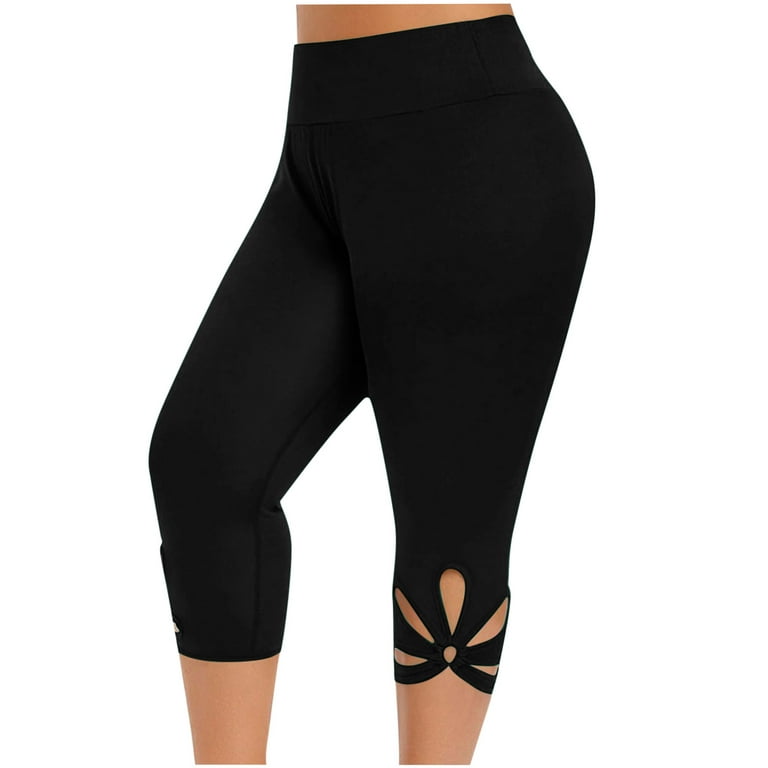 Plus Size Capri Leggings for Women Yoga Bottom Capris Pants High Waisted  Cutout Hem Solid Color Compression Shorts (Small, Black) 