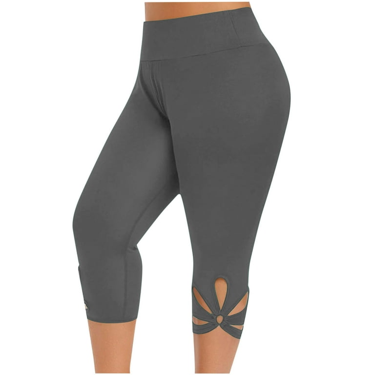 Plus Size Capri Leggings for Women Yoga Bottom Capris Pants High Waisted  Cutout Hem Solid Color Compression Shorts (X-Large, Gray)