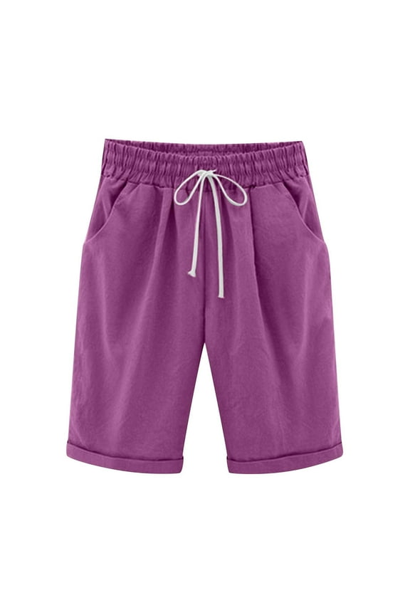 Plus Size Capri Pants for Women Summer Solid Elastic Waisted Drawstring Capris Casual Comfy Folded Hem Pants with Pockets