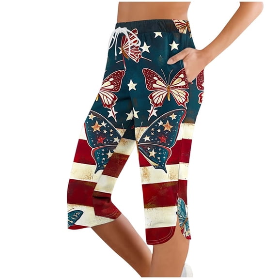 Plus Size Capris Leggings for Womens Independence Day Yoga Sweatpants Usa Flag Star Printed Pants Athletic-Fit Quick-Dry Capris High Waisted Pants Beach Travel Vacation Capris