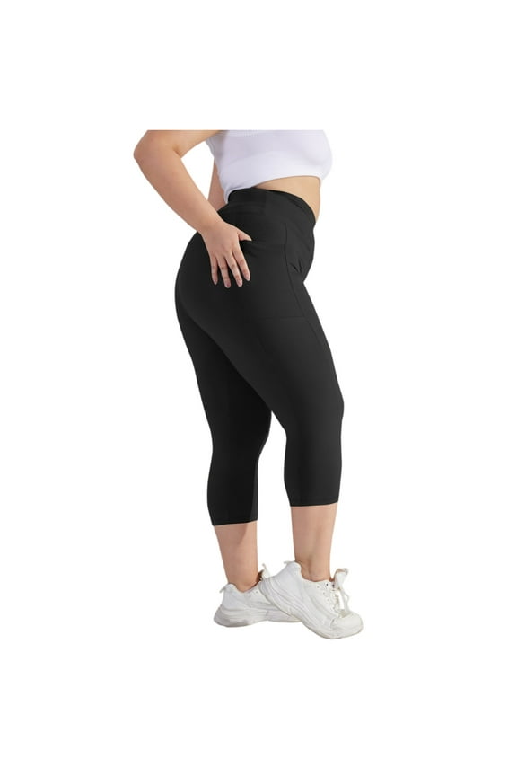 Plus Size Capris Leggings for Women Low Waist Booty Lift Stretchy Yoga Pants Compression Tummy Control Leggings with Pockets Black 2XL