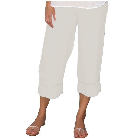 Plus Size Capris Pants New Women’s Elastic Waist Summer Solid Casual Fashion Outing Capris Length Pants Womens Summer Capris White L