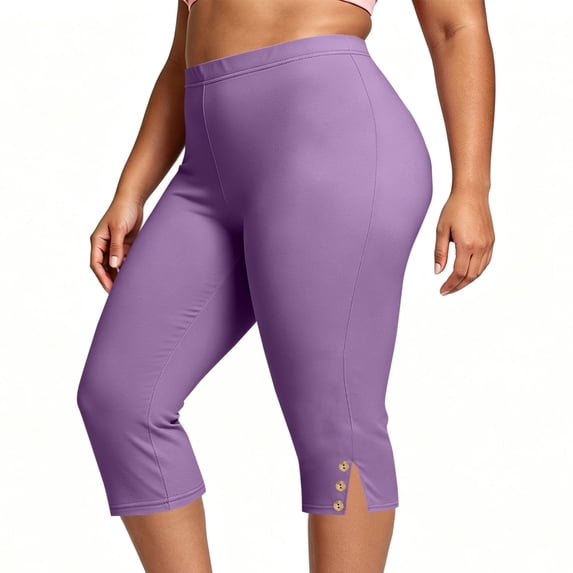Plus Size Capris Pants for Women with Side Button Slits Yoga Workout High Waisted Stretch Soft Capri Leggings (2XL, Purple)