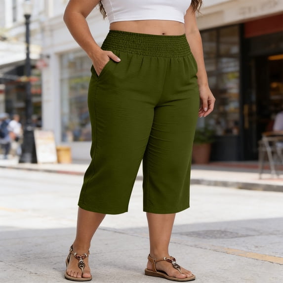 Plus Size Capris for Women Fashion Solid Color Elastic Waist with Pockets Cropped Pants Designed for Curvy Figures with A Comfortable Everyday Fit Womens Capris