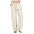 thumbnail image 1 of Plus Size Capris for Women Women High Waisted Wide Leg Pants Fashion Drawstring Elastic Trousers Comfy Straight Leg Long Pants With Pockets Pajama Juniors Beach Tall Linen Suit for Elastic Wom Beige S, 1 of 5