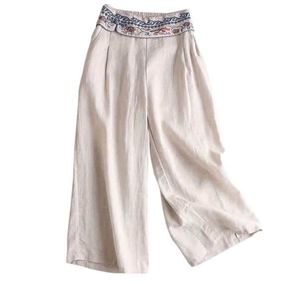 Plus Size Capris for Women, Womens Wide Leg Pants Cotton Linen Casual Loose Straight Elastic High Waist Solid Color Fall Pants for Women 2023 on Clearance