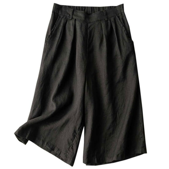 Plus Size Capris for Women, Womens Wide Leg Pants Cotton Linen Casual Loose Straight Elastic High Waist Solid Color Fall Pants for Women 2023