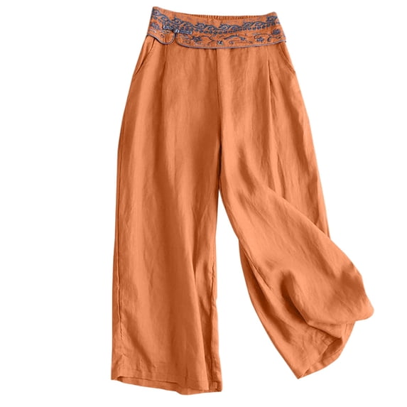 Plus Size Capris for Women, Womens Wide Leg Pants Cotton Linen Casual Loose Straight Elastic High Waist Solid Color Fall Pants for Women 2023 on Clearance