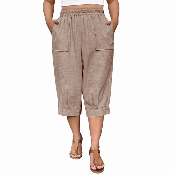 Plus Size Capris Womens Summer Harem Crop Pants Drawstring Lantern Beach Vacation Pant with Pockets