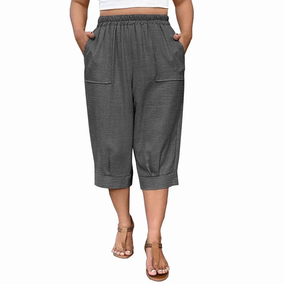 Plus Size Capris Womens Summer Harem Crop Pants Drawstring Lantern Beach Vacation Pant with Pockets