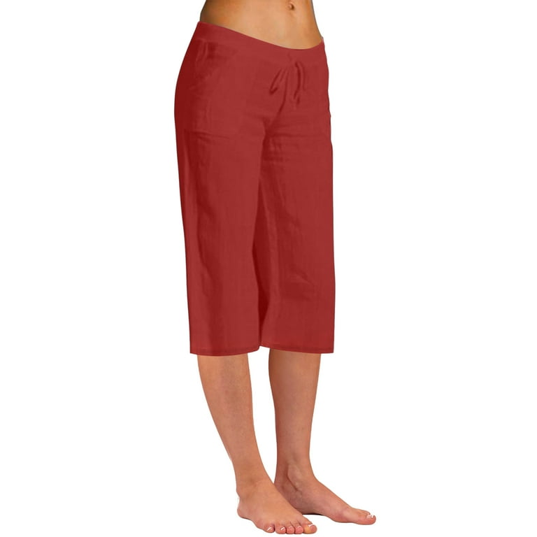 Plus Size Capris for Women Cotton Linen Lightweight High Waisted Capri  Pants Wide Leg Casual Loose Fitting 3/4 Slacks (XX-Large, Red)