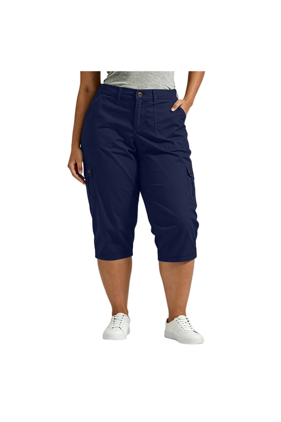 Plus Size Capris for Women Mid-Rise Cargo Capri Pants with Pockets Solid Color Cropped Trousers Comfortable Work Pants for Casual Wear