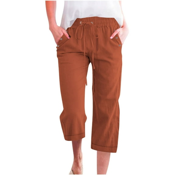 Plus Size Capris for Women New Fashion Womens Casual Color Elastic Loose Pants Straight Wide Leg Trousers with Pocket Coffee XL