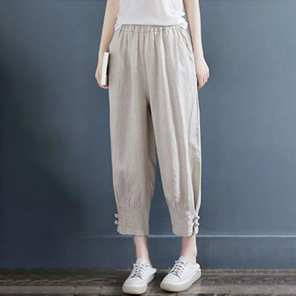 Plus Size Capris for Women, Xunlbb Women's And Linen Casual Loose Leg Capris(Khaki,XXL)